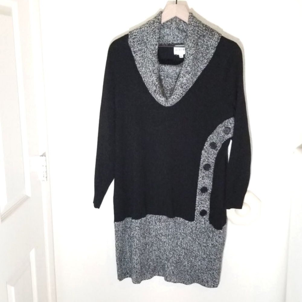 Olive & Oak Sweater Dress Cowl Neck Women's LARGE Black & Gray Button Accents